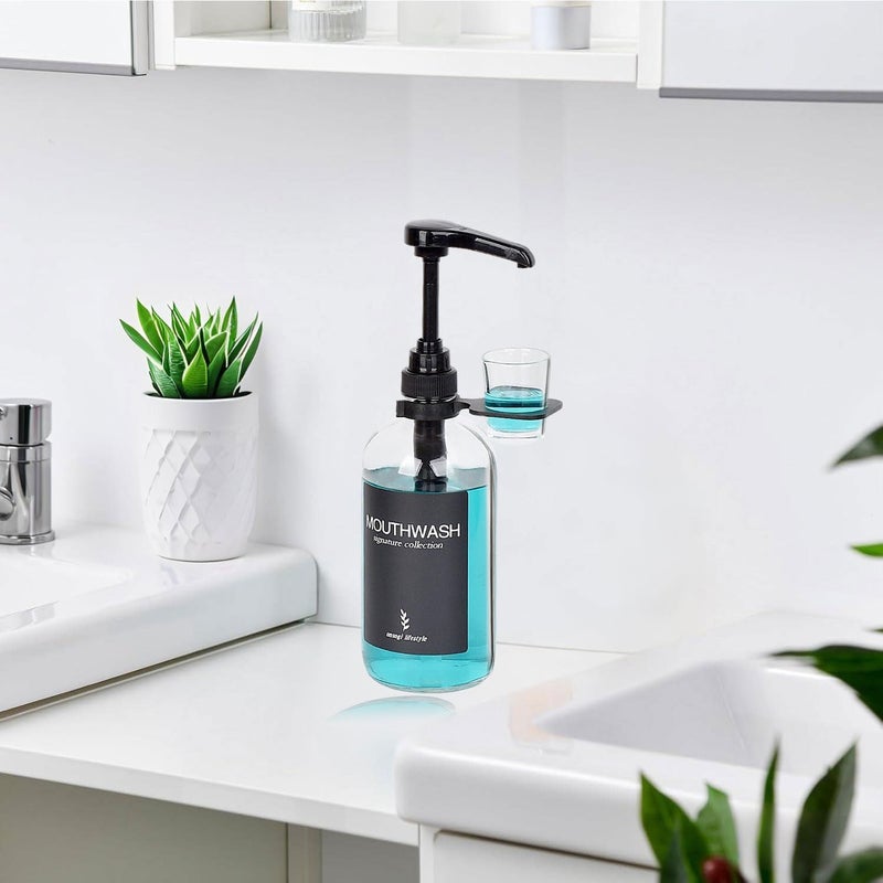 onsogi Clear Glass Mouthwash Dispenser with Black Cup Holder and Pump, 16 Oz Rustic Boho Mouthwash Dispenser for Bathroom Farmhouse Decor - 1 Pack - Image 5